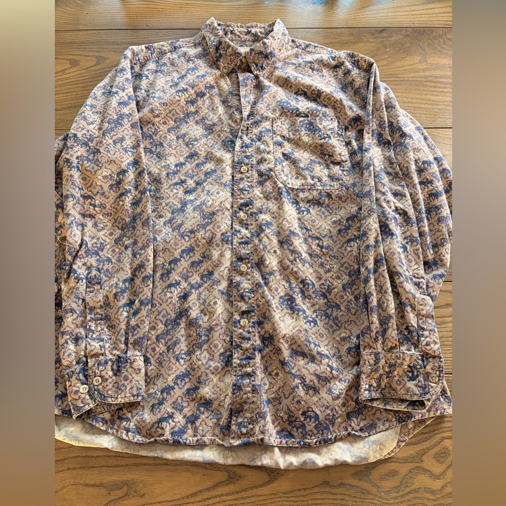 Woolrich Mens Button Up Wolf Bear And Moose Pattern Cotton Sz XL Tribal